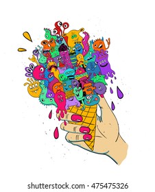 Psychedelic illustration with girls hand keeping ice cream cone full of colorful funny crazy monsters. Halloween party menu concept. 