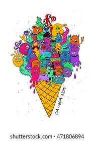 Psychedelic illustration with ice cream cone full of colorful funny crazy monsters. Halloween party menu concept. 