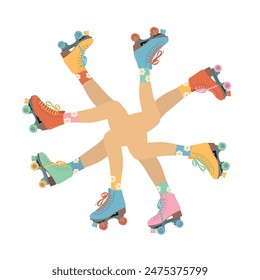 psychedelic illustration with legs in roller skates. y2k, 2000s aesthetic. Retro abstract swirl vector print.