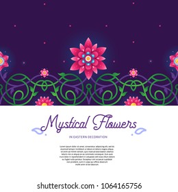 Psychedelic illustration, place for text. Vector seamless border. Acid color decor; floral ornament for flat design. Eastern style element. Arabic motifs. Decoration for cover, poster, flyer, card.