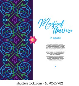 Psychedelic illustration, place for text. Vector seamless border. Acid color decor; floral ornament for flat design. Eastern style element. Arabic motifs. Decoration for cover, poster, flyer, card.