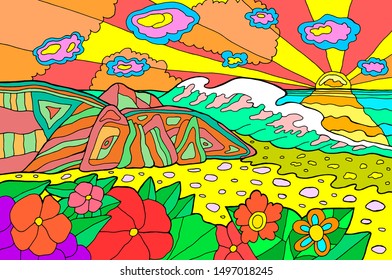 Psychedelic illustration with seaside landscape. Ocean sunset. Colorful catoon retro art. Hippie 60s artwork. Vector illustration.