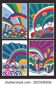 Psychedelic Illustration Set, Rainbows, Clouds, Abstract Colorful Backgrounds