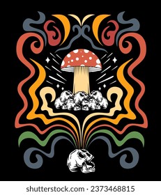 psychedelic illustration with skull, hippie art, retro t-shirt print