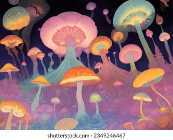Psychedelic illustration in the style the 60s  Hippie style  Vector composition and magic mushrooms