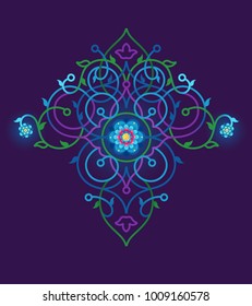 Psychedelic illustration t-shirt design. Vector decor; floral ornament for flat design template. Eastern style colorful element. Arabic motifs. Elegant ornamental decoration for invitation, card.