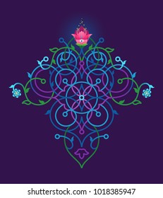 Psychedelic illustration t-shirt design. Vector decor; floral ornament for flat design template. Eastern style colorful element. Arabic motifs. Ornamental decoration for cover, poster, flyer, card.