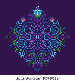 Psychedelic illustration t-shirt design. Vector decor; floral ornament for flat design template. Eastern style colorful element. Arabic motifs. Ornamental decoration for cover, poster, flyer, card.