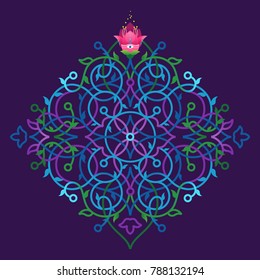 Psychedelic illustration t-shirt design. Vector decor; floral ornament for flat design template. Eastern style colorful element. Arabic motifs. Ornamental decoration for cover, poster, flyer, card.