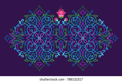 Psychedelic illustration t-shirt design. Vector decor; floral ornament for flat design template. Eastern style colorful element. Arabic motifs. Ornamental decoration for cover, poster, flyer, card.