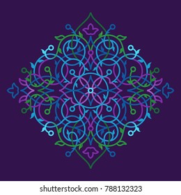 Psychedelic illustration t-shirt design. Vector decor; floral ornament for flat design template. Eastern style colorful element. Arabic motifs. Ornamental decoration for cover, poster, flyer, card.