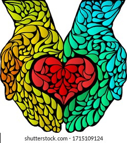 Psychedelic impression of a red heart in a pair of open palm. Vector illustration.