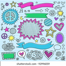 Psychedelic Inky Marker Notebook Doodle Design Elements Set on Blue Lined Sketchbook Paper Background- Vector Illustration