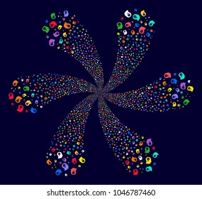 Psychedelic Intellect Bulb twirl flower with 6 petals on a dark background. Suggestive spiral done from random intellect bulb symbols.