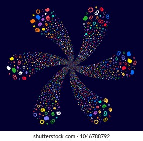 Psychedelic Intellect Gears curl bang on a dark background. Impressive flower created from scattered intellect gears items.