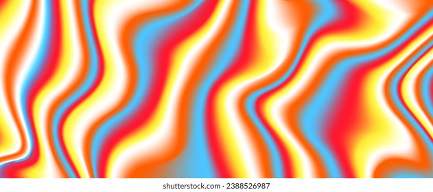 Psychedelic iridescent background. Bright neon holographic wallpaper. Blue red orange yellow wavy fluid gradient texture. Abstract acid trippy backdrop for banner, poster, cover, overlay. Vector 
