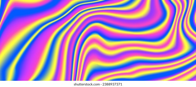 Antecedentes iridiscentes psicodélicos. Papel holográfico brillante de neón. Textura de gradiente del fluido ondulado amarillo púrpura azul. Resumen ácido trippy fondo para pancarta, afiche, cubierta, superposición. Vector 