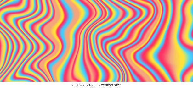 Psychedelic iridescent background. Bright neon holographic wallpaper. Blue red orange yellow wave fluid gradient texture. Vector abstract acid trippy backdrop for banner, poster, cover, overlay, flyer