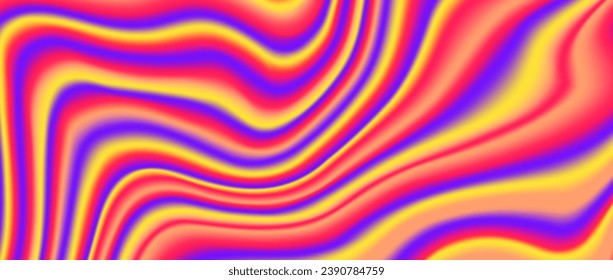 Antecedentes iridiscentes psicodélicos. Papel holográfico brillante de neón. Gradiente de gradiente de fluido ondulado amarillo anaranjado púrpura. Resumen del fondo trippy de ácido para pancarta, afiche, folleto, superposición. Vector 