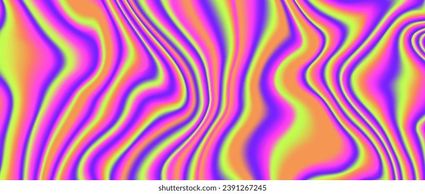 Psychedelic iridescent background. Bright neon holographic wallpaper. Purple red orange green wavy fluid gradient texture. Abstract acid trippy backdrop for banner, poster, brochure, overlay. Vector 