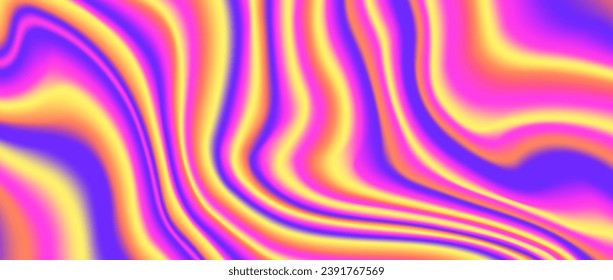 Psychedelic iridescent background. Bright neon holographic wallpaper. Purple pink orange yellow wavy fluid gradient texture. Abstract acid trippy backdrop for banner, poster, brochure, overlay. Vector