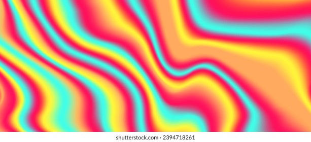 Antecedentes iridiscentes psicodélicos. Papel holográfico brillante de neón. Textura de gradiente de la ola amarilla azul rosada. Vector de fondo de trippy con ácido abstracto para banner, afiche, cubierta, impresión, volante