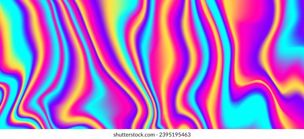 Psychedelic iridescent background. Bright neon holographic wallpaper. Purple blue yellow pink wavy fluid gradient texture. Colorful acid trippy backdrop for banner, poster, brochure, overlay. Vector
