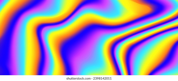 Psychedelic iridescent background. Bright neon holographic wallpaper. Purple blue yellow wavy fluid gradient texture. Saturated acid trippy backdrop for banner, poster, brochure, overlay. Vector