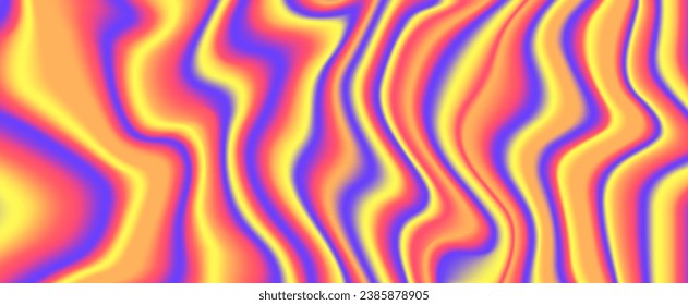 Psychedelic iridescent background. Colorful neon holographic wallpaper. Blue red orange yellow wavy fluid gradient texture. Abstract acid trippy backdrop for banner, poster, brochure, overlay. Vector 