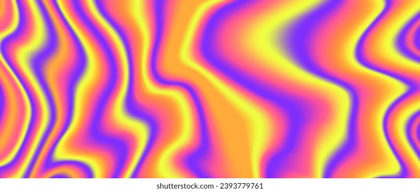 Psychedelic iridescent background. Colorful neon holographic wallpaper. Blue red orange yellow wavy fluid gradient texture. Abstract acid trippy backdrop for banner, poster, brochure, overlay. Vector 