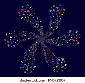 Psychedelic Jet Plane spiral flower cluster on a dark background. Hypnotic curl organized from randomized jet plane objects.