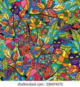 Psychedelic jungle forest floral colorful seamless pattern vector illustration