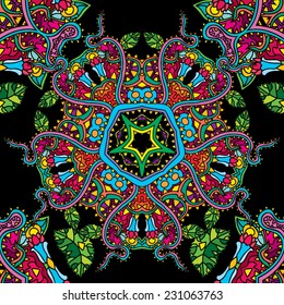 Psychedelic jungle forest floral colorful seamless pattern vector illustration