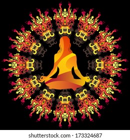 Psychedelic jungle monster ornament with a meditating woman inside vector illustration