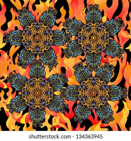 Psychedelic jungle spirit on fire background vector design