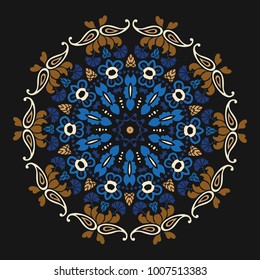 Psychedelic  kaleidoscope footage. Mandala ornament. Stylized blue and brown flowers on a black background. Floral motif. Complex flourish weave medallion. Vector illustration.