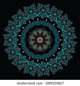 Psychedelic kaleidoscope footage. Mandala ornament. Stylized dark green and brown flowers on a black background. Floral motif. Complex flourish weave medallion. Vector illustration.