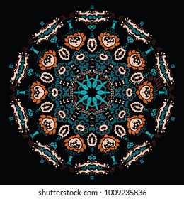 Psychedelic kaleidoscope footage. Mandala ornament. Stylized dark green and brown flowers on a black background. Floral motif. Complex flourish weave medallion. Vector illustration.