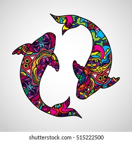 Psychedelic Koi Carp Fish Body Silhouette Poster Icon Vector Illustration
