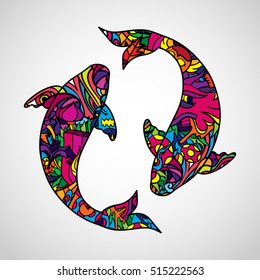 Psychedelic Koi Carp Fish Body Silhouette Poster Icon Vector Illustration
