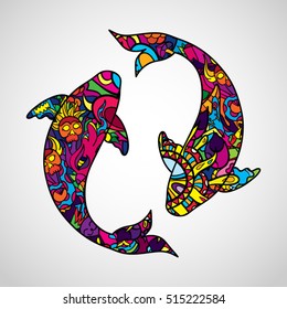 Psychedelic Koi Carp Fish Body Silhouette Poster Icon Vector Illustration
