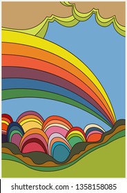 Psychedelic Landscape Clouds, Rainbow Vintage Colors from the 1960's Hippie Style