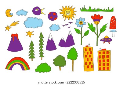 Psychedelic landscape elements set. Funny hand drawn groovy nature icons collection with flowers, mountain, sun, cloud, rainbow, building. Isolated vector illustration