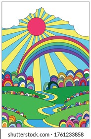 Psychedelic Landscape, Outdoor Illustration, Hills, River, Sun, Rainbow, Hippie Art Style Illustration 