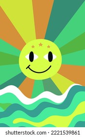 Psychedelic landscape poster. Funny postcard. Vertical art
