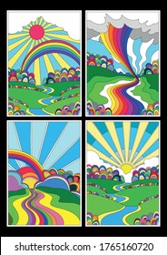 Psychedelic Landscape Set Hippie Art Stylie Posters Stylization, Blooming Hills, Summer Colors, Rainbows, Rivers, Hills, Flowers