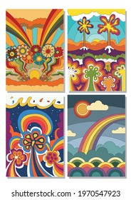 Psychedelic Landscapes, 1960s Hippie Art Style Abstract Illustrations 