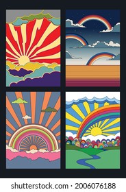 Psychedelic Landscapes and Skies, 1960s Hippie Art Style Outdoor Scenes