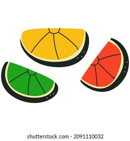 Psychedelic lemon, lime and orange vector cartoon sticker isolated on a white background.