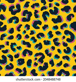 Psychedelic leopard skin seamless repeat pattern. Random placed, vector colorful animal minimal all over print on yellow background.